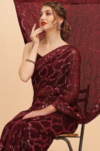 Maroon maroon sequinned  georgette heavy work saree