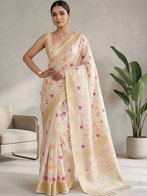Off white floral zari saree 1