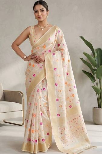 Off white floral zari saree
