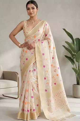 Off white floral zari saree