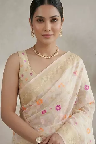 Off white floral zari saree
