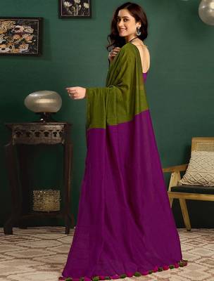Green colourblocked printed saree with unstitched blouse piece 5
