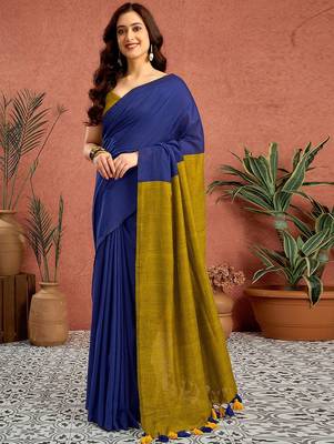 Blue colourblocked printed saree with unstitched blouse piece 1
