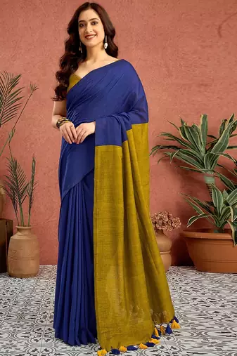 Blue colourblocked printed saree with unstitched blouse piece