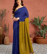 Blue colourblocked printed saree with unstitched blouse piece