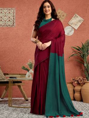 Maroon solid  linen saree with unstitched blouse piece 2