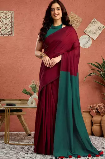 Maroon solid  linen saree with unstitched blouse piece