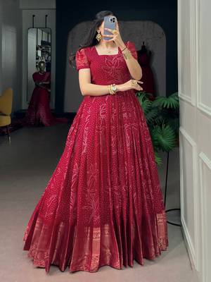 Enchanting Red Bandhej Printed Cotton Marriage Wear Gown 1