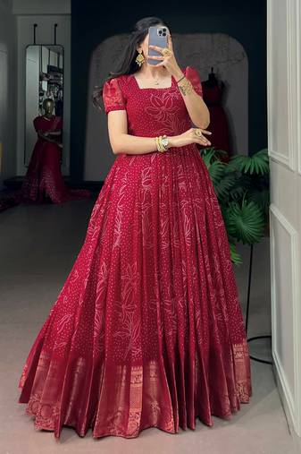 Enchanting Red Bandhej Printed Cotton Marriage Wear Gown