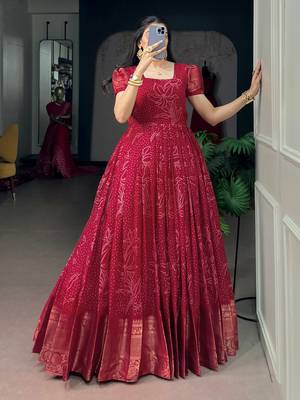 Enchanting Red Bandhej Printed Cotton Marriage Wear Gown 2