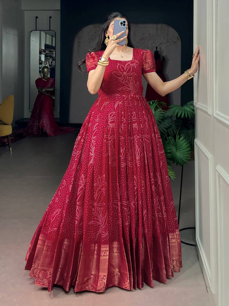 Enchanting Red Bandhej Printed Cotton Marriage Wear Gown