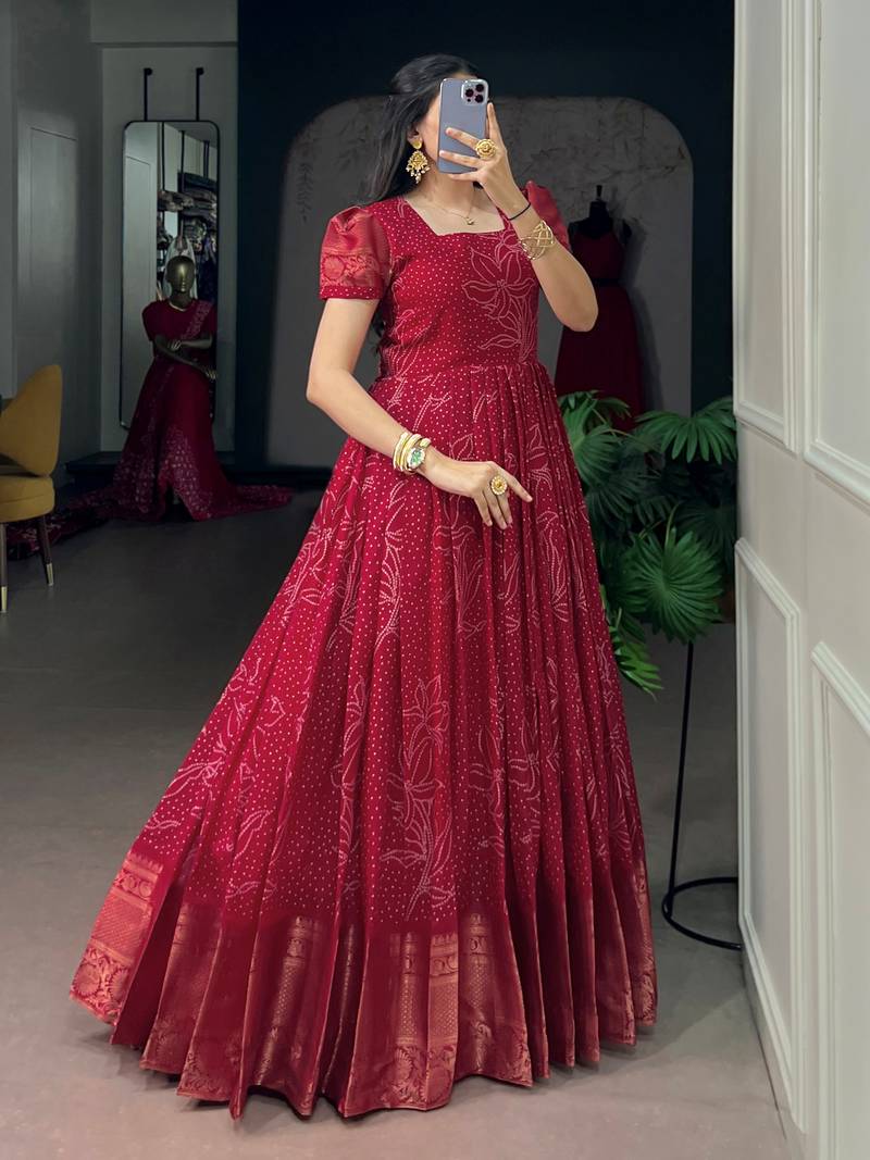 Enchanting Red Bandhej Printed Cotton Marriage Wear Gown