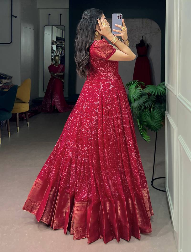 Enchanting Red Bandhej Printed Cotton Marriage Wear Gown