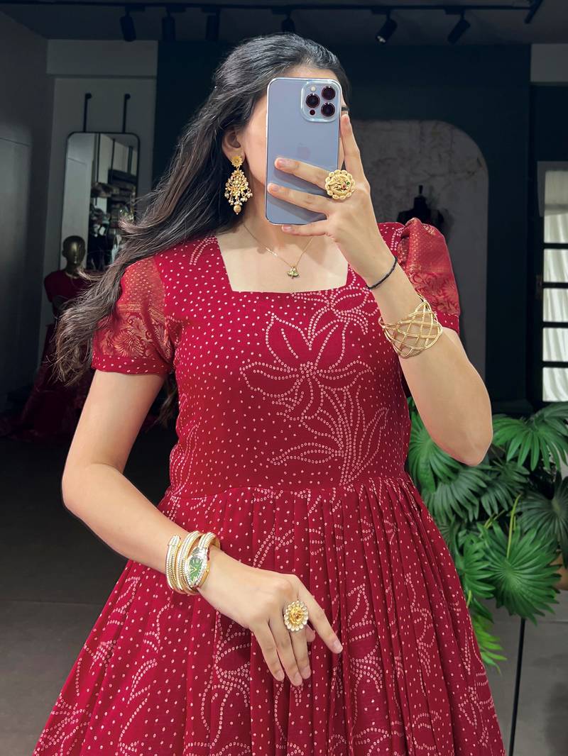 Enchanting Red Bandhej Printed Cotton Marriage Wear Gown