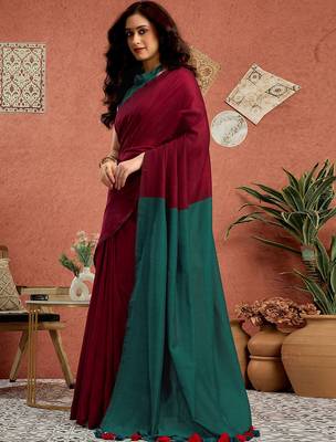 Maroon solid  linen saree with unstitched blouse piece 3
