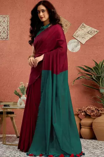 Maroon solid  linen saree with unstitched blouse piece