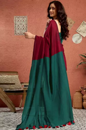 Maroon solid  linen saree with unstitched blouse piece