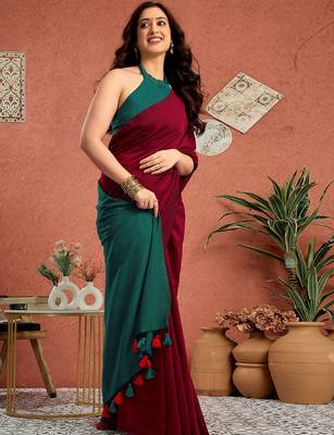 Maroon solid  linen saree with unstitched blouse piece 5