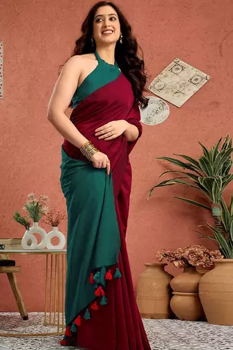 Maroon solid  linen saree with unstitched blouse piece
