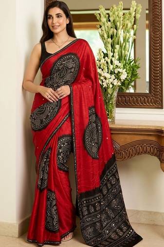Multicolor ethnic motifs sequinned heavy work block print saree