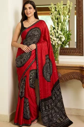 Multicolor ethnic motifs sequinned heavy work block print saree