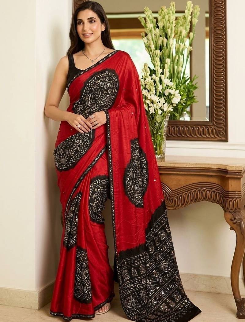 Multicolor ethnic motifs sequinned heavy work block print saree