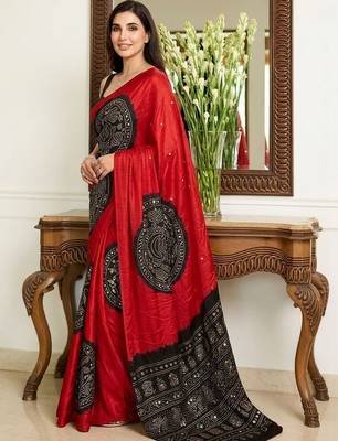 Multicolor ethnic motifs sequinned heavy work block print saree 2
