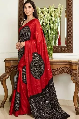 Multicolor ethnic motifs sequinned heavy work block print saree