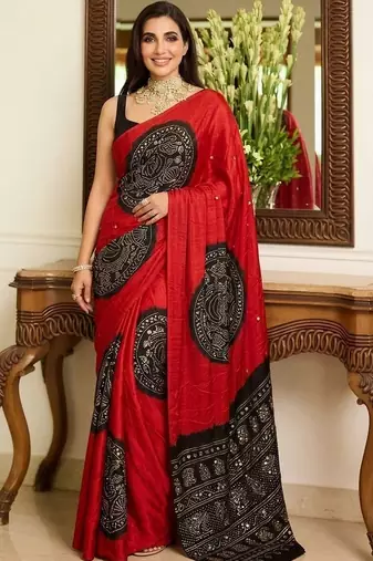 Multicolor ethnic motifs sequinned heavy work block print saree