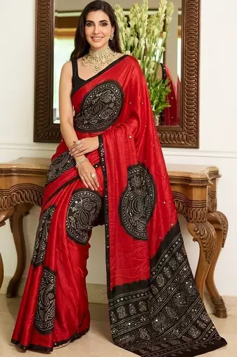 Multicolor ethnic motifs sequinned heavy work block print saree