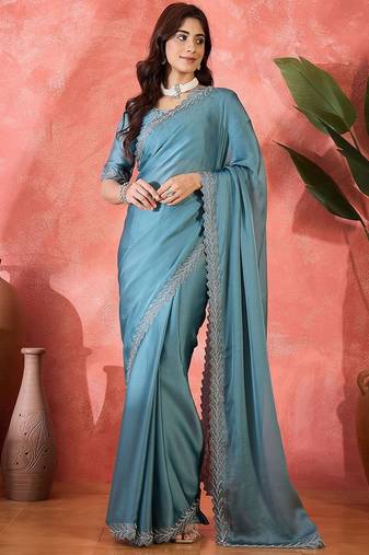 Teal embellished banarasi saree with blouse piece