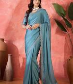 Teal embellished banarasi saree with blouse piece