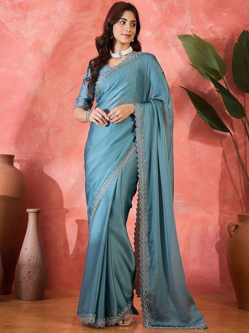 Teal embellished banarasi saree with blouse piece