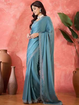 Teal embellished banarasi saree with blouse piece 2