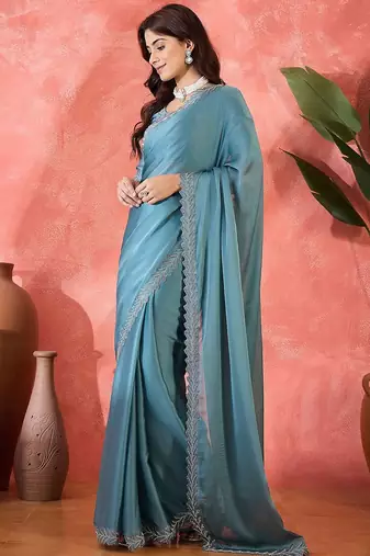 Teal embellished banarasi saree with blouse piece