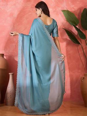 Teal embellished banarasi saree with blouse piece 3