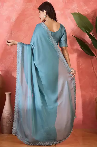 Teal embellished banarasi saree with blouse piece
