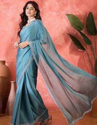 Teal embellished banarasi saree with blouse piece 4