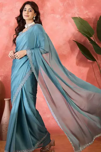 Teal embellished banarasi saree with blouse piece