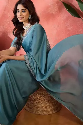 Teal embellished banarasi saree with blouse piece