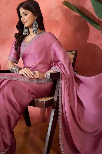 Purple embellished banarasi saree with blouse piece