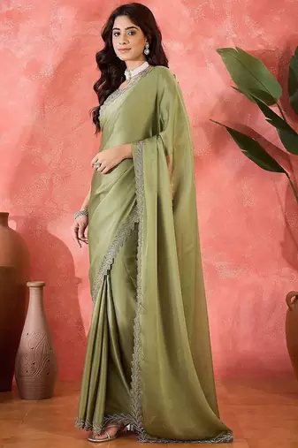 Sea green embellished banarasi saree with blouse piece