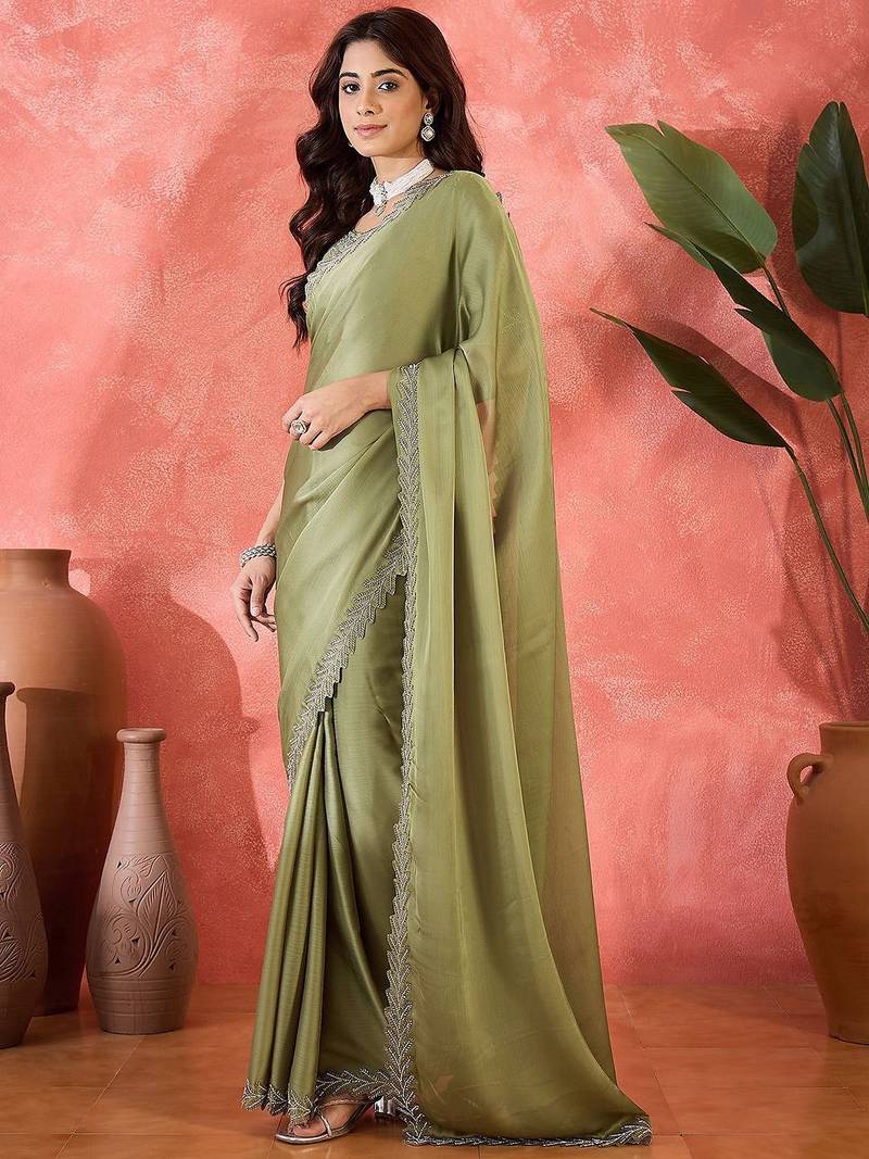 Sea green embellished banarasi saree with blouse piece