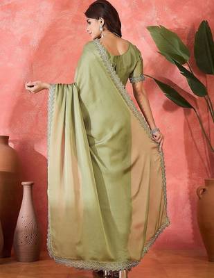 Sea green embellished banarasi saree with blouse piece 3