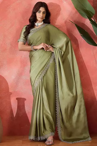 Sea green embellished banarasi saree with blouse piece