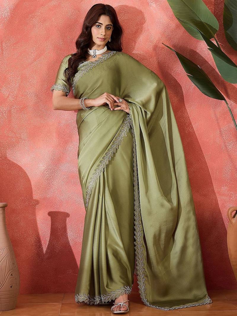 Sea green embellished banarasi saree with blouse piece