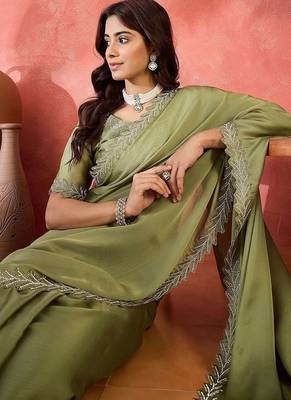 Sea green embellished banarasi saree with blouse piece 5
