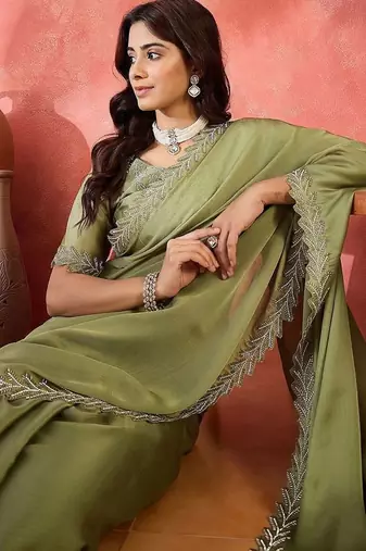 Sea green embellished banarasi saree with blouse piece