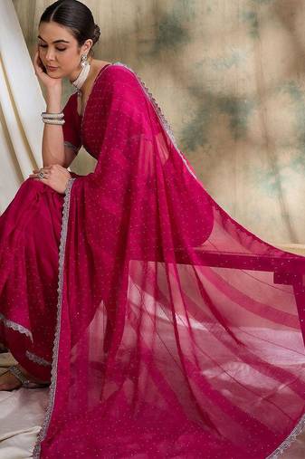 Pink embellished beads and stones saree