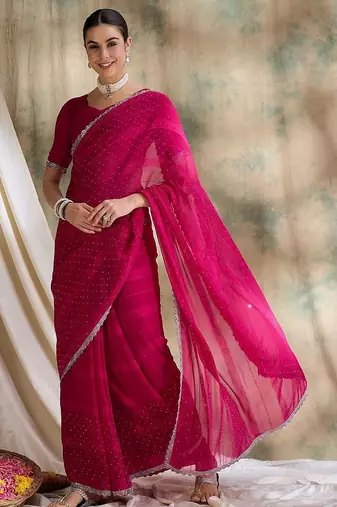 Pink embellished beads and stones saree